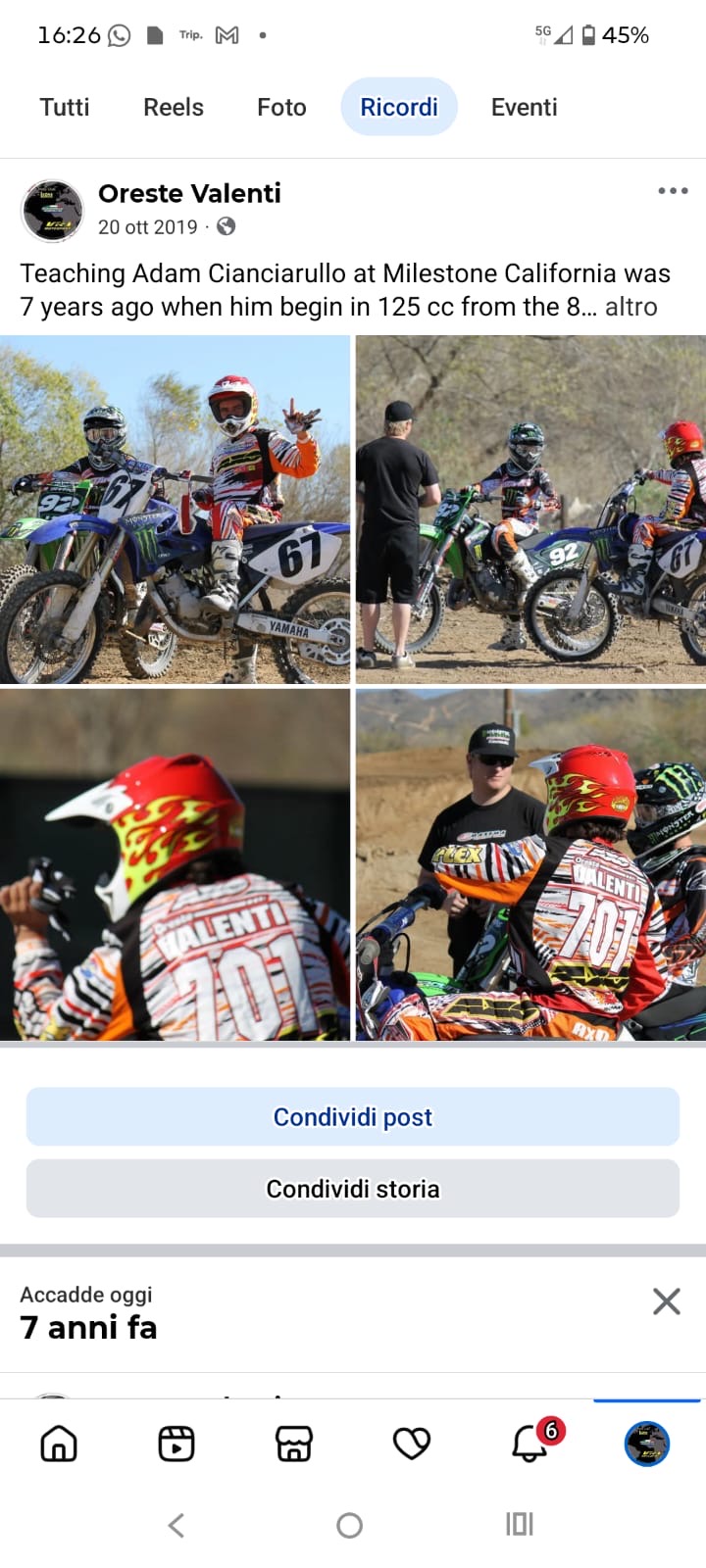 Screenshot del ricordo Facebook di Oreste Valenti sul coaching di Adam Cianciarulo a Milestone, California